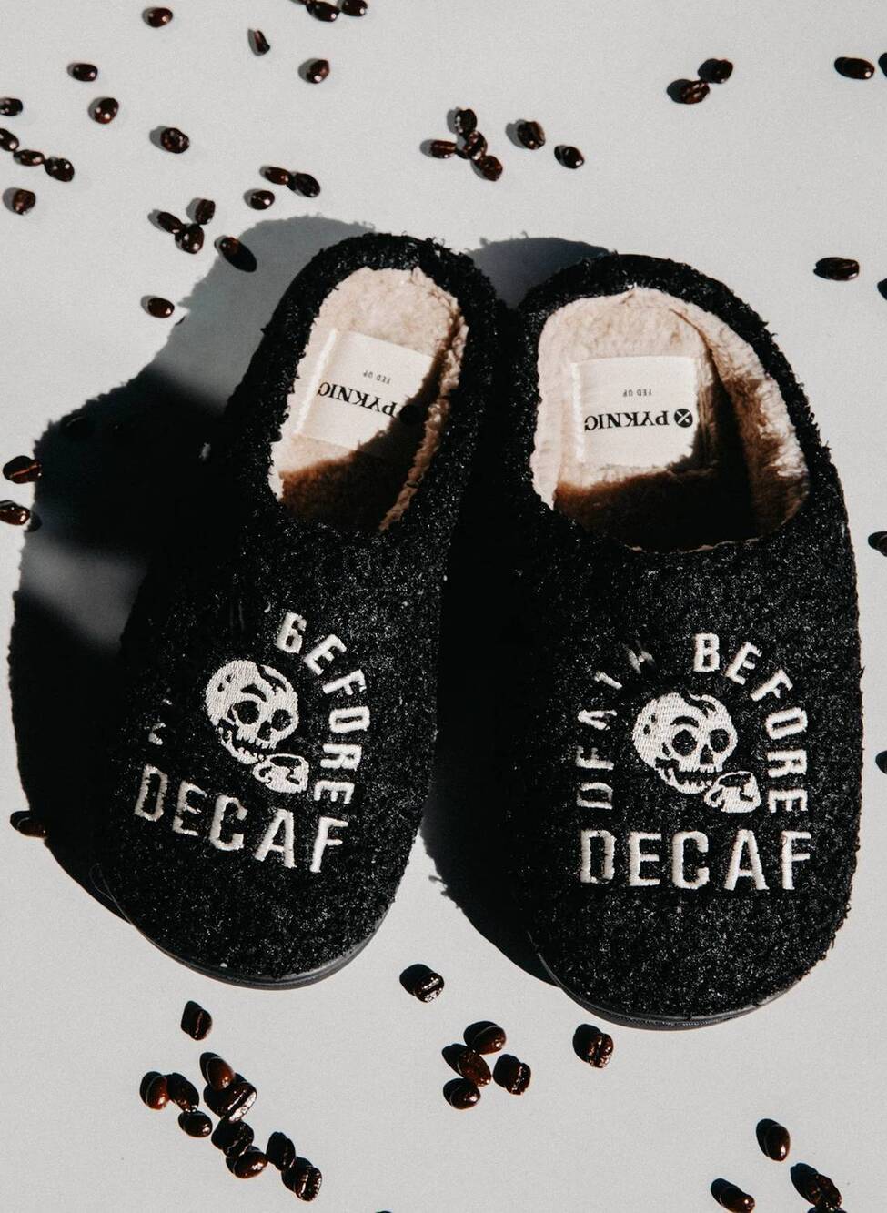 NEW PYKNIC unisex death before decaf slippers in black